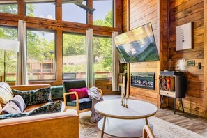 Smart TV, fireplace, video games, music library