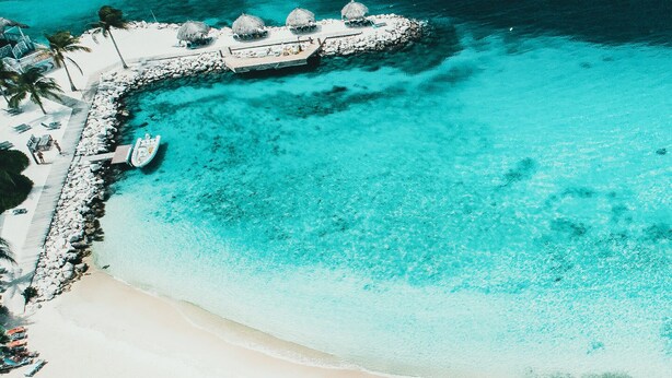 A beach with clear turquoise water, white sand, and palm trees. There are lounge chairs and umbrellas along the shore. - Blue Bay Preferred Studio (Willemstad)