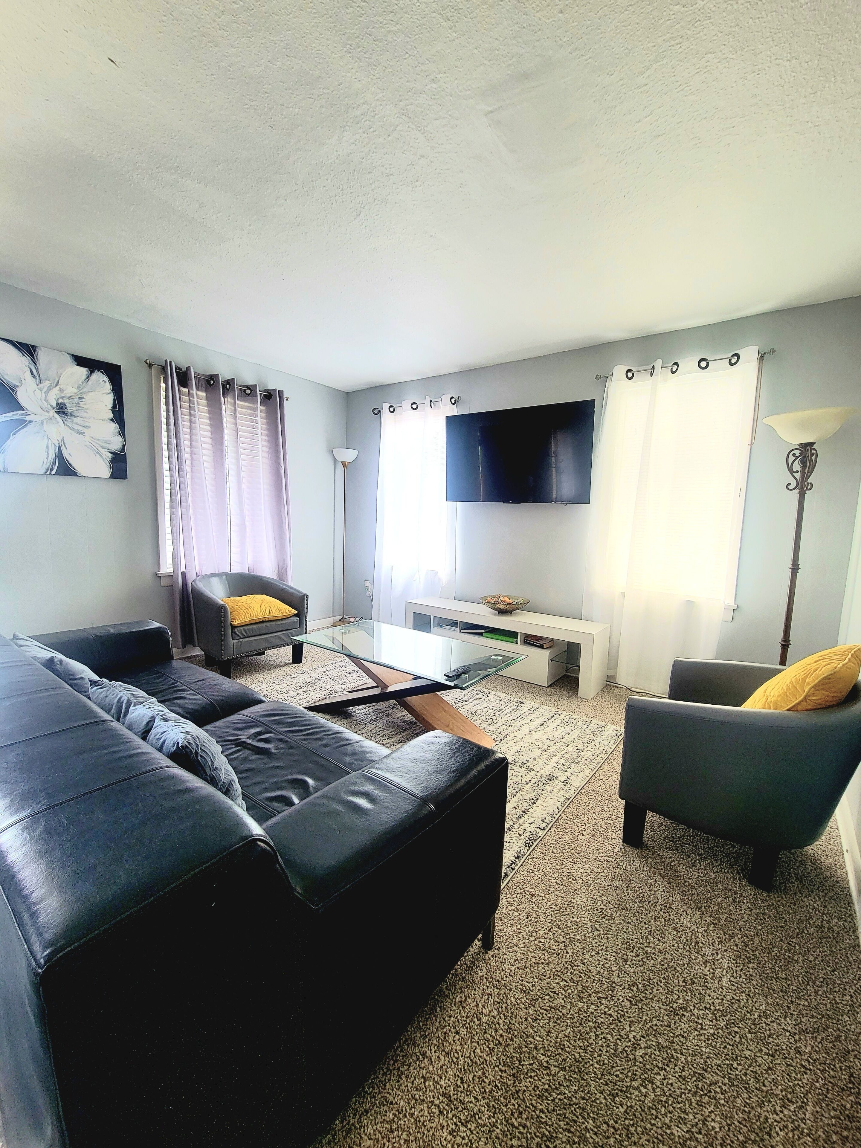 A living room with a black leather sofa, a glass coffee table, a white TV stand, a floor lamp, and a painting on the wall.