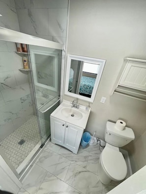 A bathroom with a glass shower enclosure, a sink with a mirror above it, and a toilet.