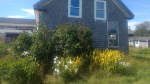 Uma casa de dois andares com telhado empena, cercada por vegetação densa e plantas floridas.