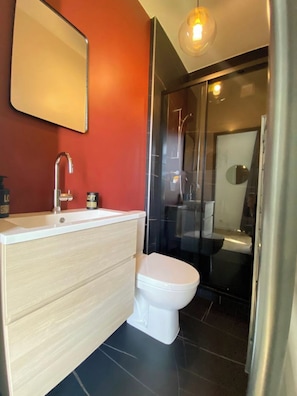 Sèche-cheveux, serviettes fournies, savon, papier toilette