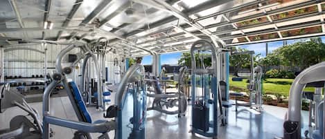 Ein überdachter Fitnessbereich mit verschiedenen Trainingsgeräten, einer Spiegelwand und Blick auf einen Park.