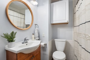 Hair dryer, towels, soap, shampoo