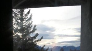 A balcony with a potted plant, a view of trees and mountains, and a cloudy sky. - Newly renovated, cozy apartment with a beautiful balcony - NEST'L Appartements (Mösern)