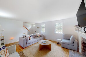 Televisión, chimenea y libros 