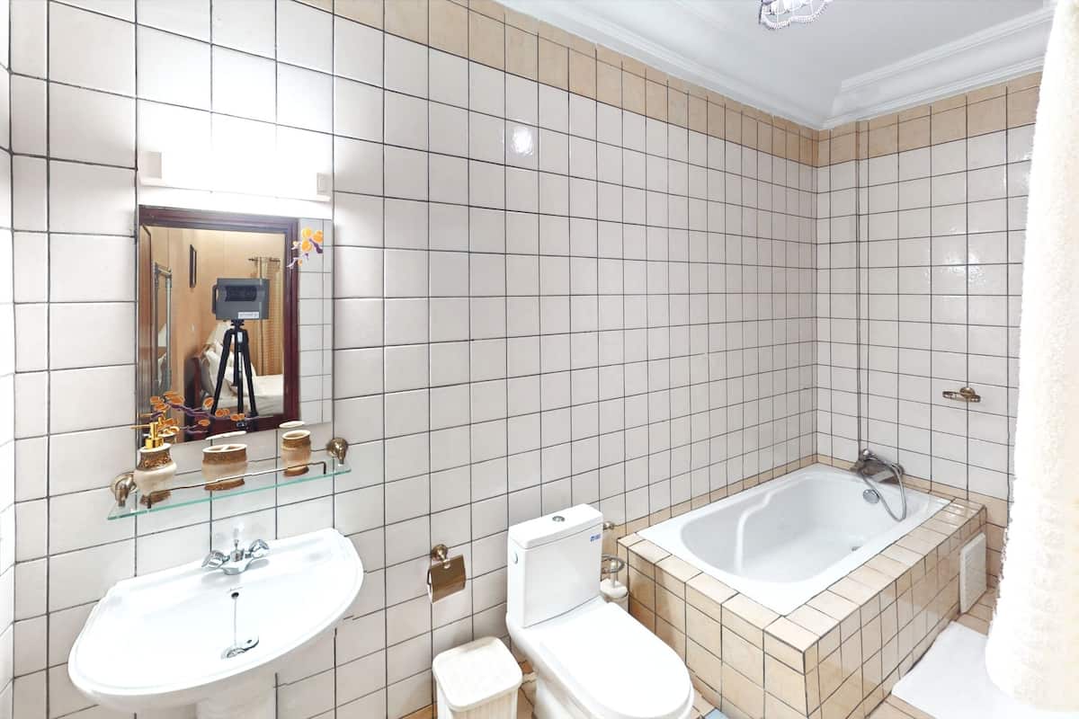 Badkar och dusch, gratis toalettartiklar, badrock och tofflor