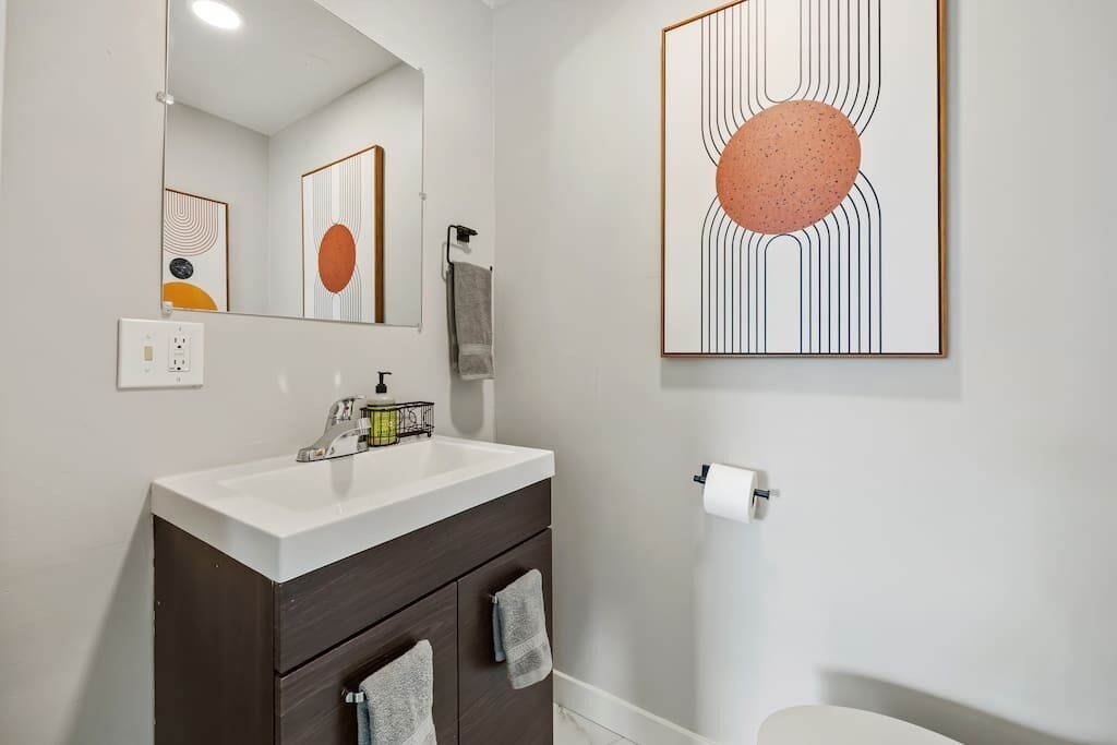 Une salle de bain moderne avec un lavabo blanc, un meuble en bois foncé et un grand miroir. Un tableau abstrait encadré orne le mur, et un porte-rouleau de papier toilette est fixé au mur.