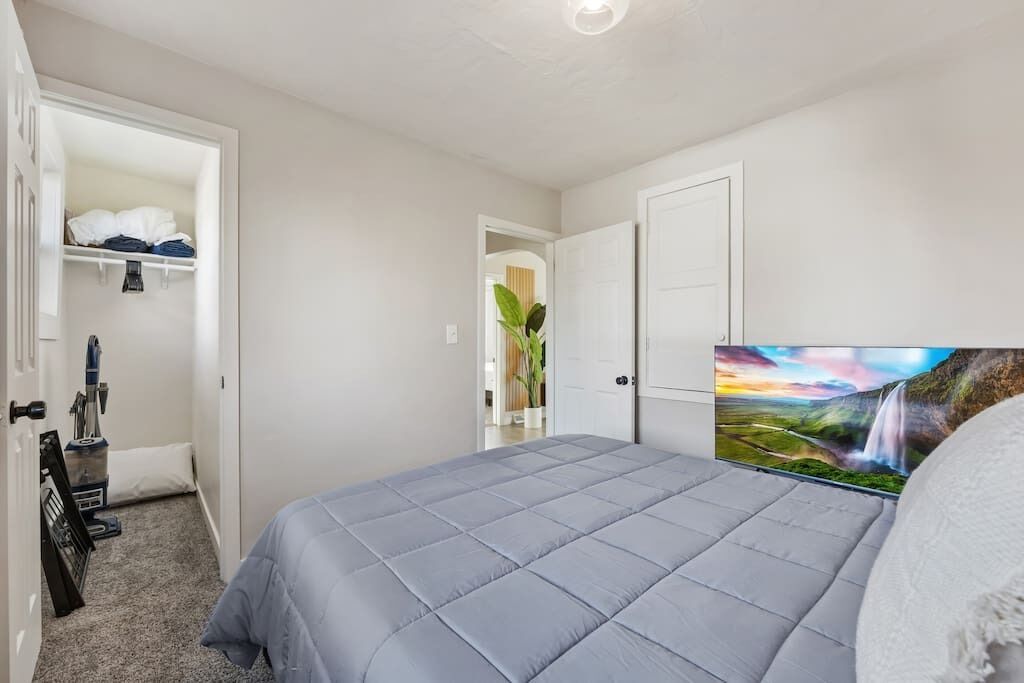A bedroom with a large bed, a closet with hanging clothes, a vacuum cleaner, and a painting of a waterfall on the wall.