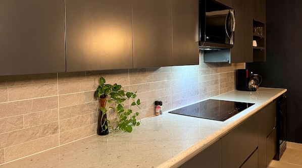 Une cuisine moderne dotée d’un plan de travail élégant, d’une cuisinière encastrée et d’un four à micro-ondes placé au-dessus du plan de travail.