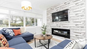 Smart TV, fireplace, video games, books