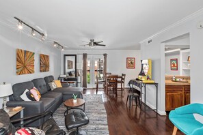 Smart TV, books, music library, stereo