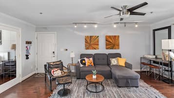 Una Smart TV, libros, una biblioteca de música, un reproductor estéreo