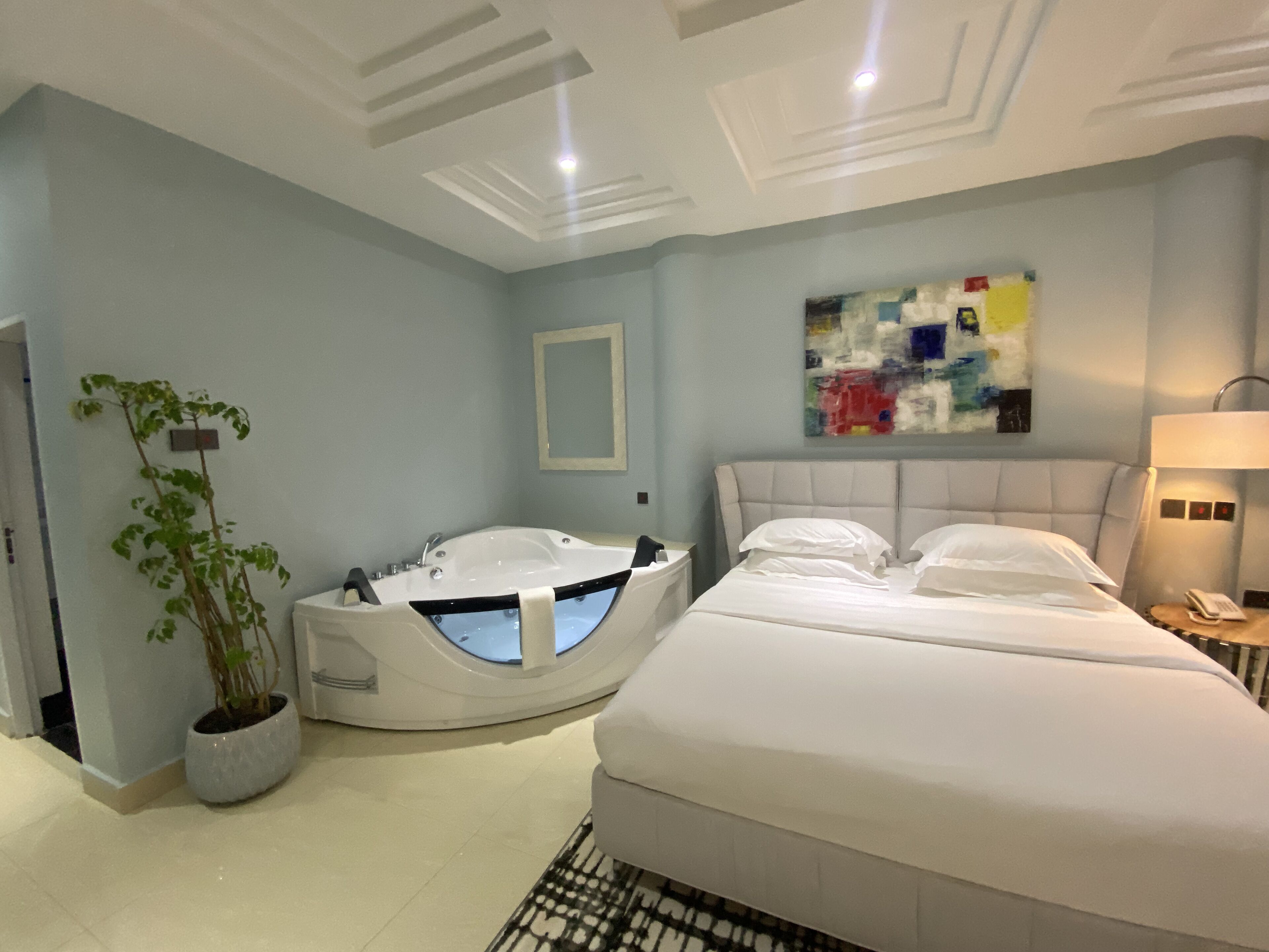 Ein modernes Schlafzimmer mit einem großen Bett, einer Badewanne und einer Topfpflanze.