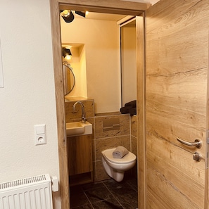 A compact bathroom with a wooden door, a sink, a toilet, and a mirror. - Rose Boardinghouse (Grossbottwar)