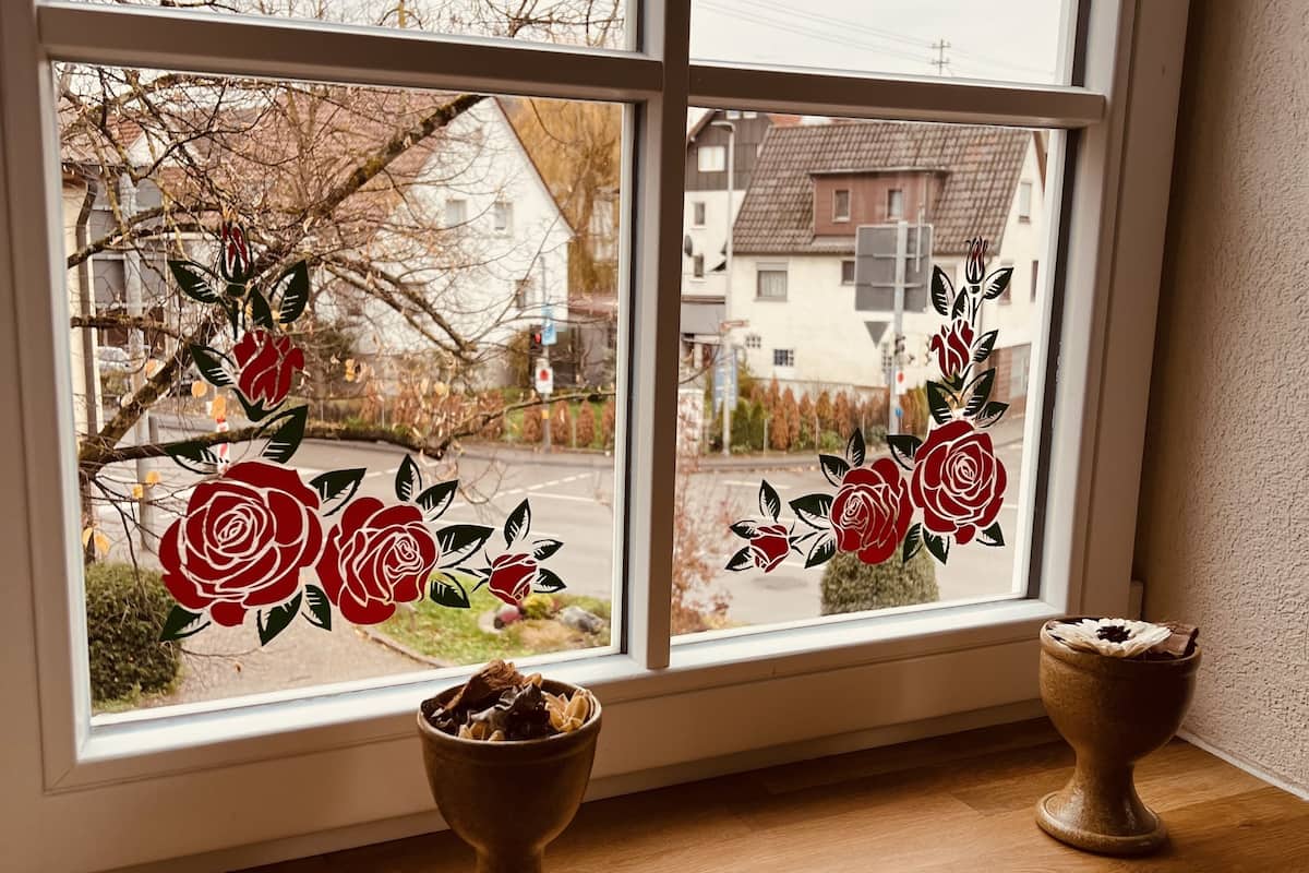 A window with a view of a residential street, a wooden shelf with two ceramic bowls, and a window frame.