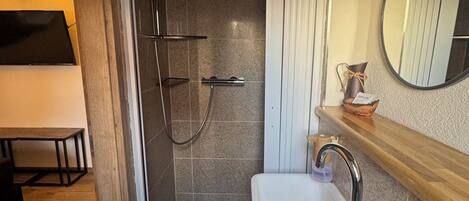 Un baño con ducha, lavabo y espejo.