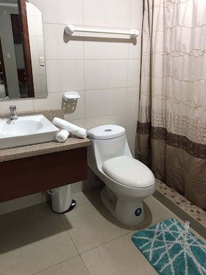 Dusche, Haartrockner, Handtücher, Seife