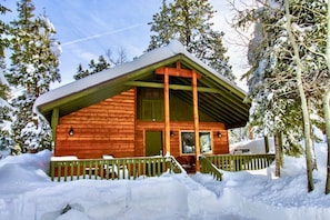 Cozy cabin-style accommodation with a gabled roof and front porch.