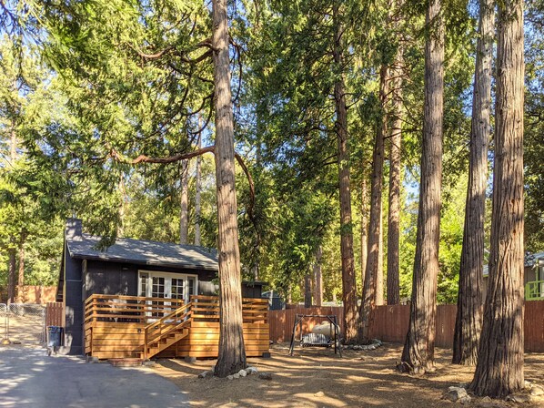 A cabin with a wooden deck and a swing set, surrounded by tall trees. - Mountain Escape • 2 Cabins w/ Fireplace - Hot Tub (Idyllwild)