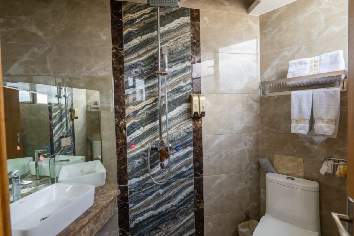 Ein Badezimmer mit Marmorwänden, einer Dusche, einer Toilette und einem Waschbecken.