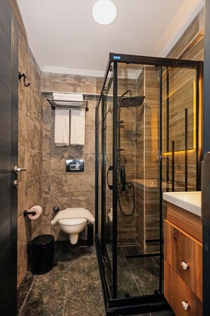 Driepersoonskamer | Badkamer | Een douche, een regendouche, een haardroger, pantoffels