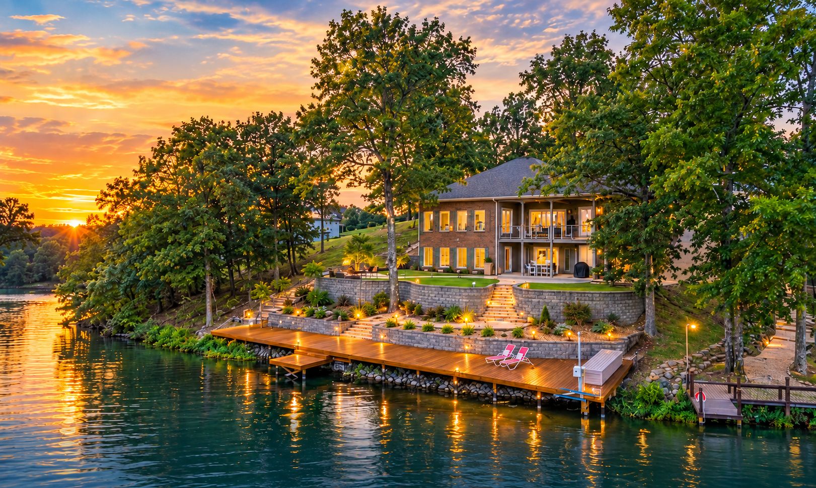 Une propriété située au bord de l’eau, dotée d’un quai, d’un espace extérieur aménagé et d’une grande maison avec de nombreuses fenêtres.