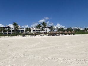 Een strand met rieten parasols en ligbedden, palmbomen en een modern hotel op de achtergrond.