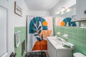 Hair dryer, towels, shampoo, toilet paper