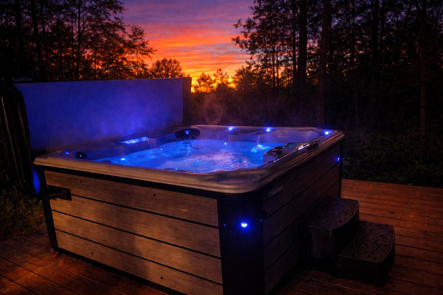 A hot tub with a wooden exterior and blue LED lights, set on a wooden deck with a sunset view.