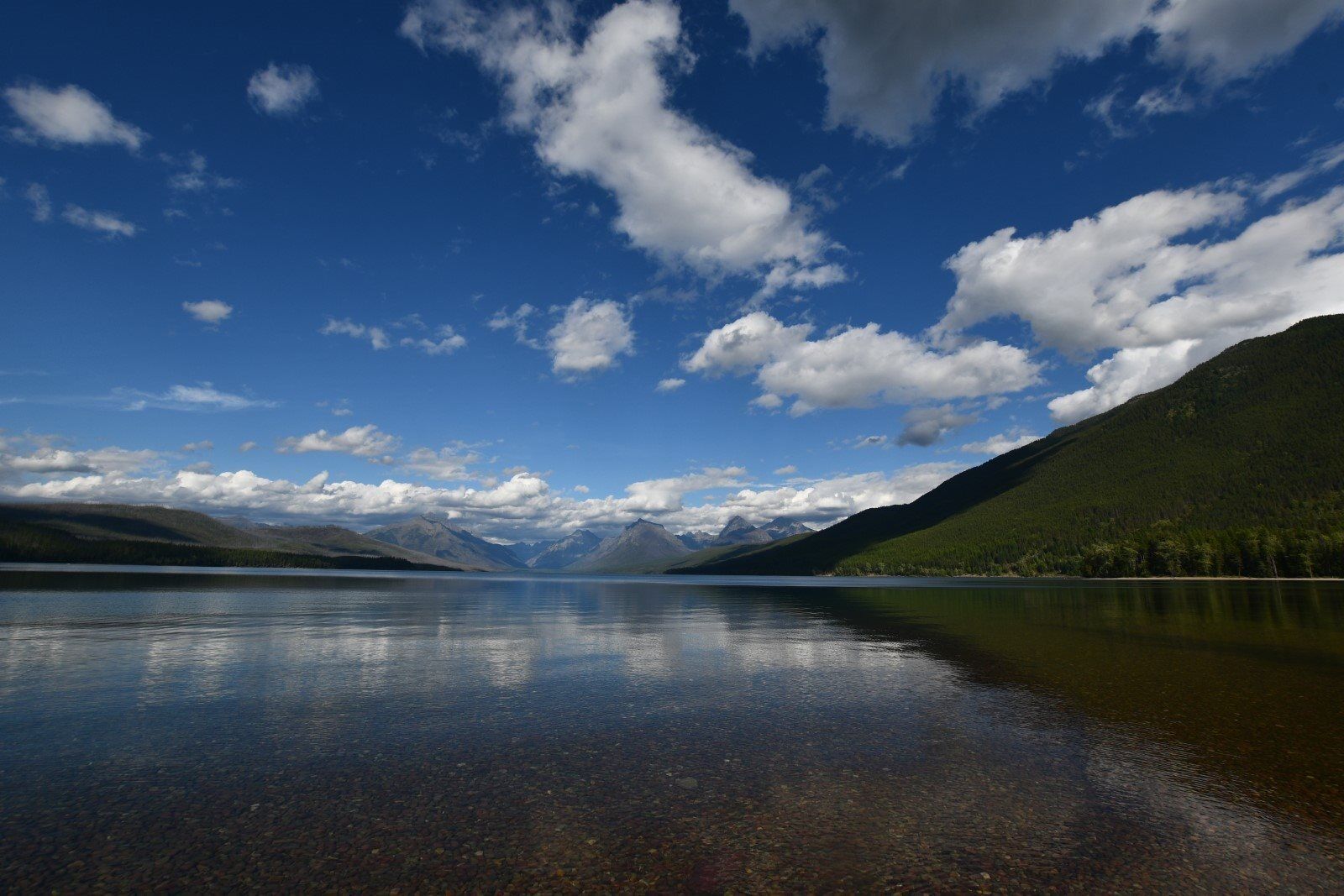 Un lago tranquilo con montañas al fondo y un cielo despejado.