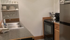 A modern kitchen with a stainless steel refrigerator, a microwave, a stove, and a sink. There is a wooden cabinet and a colorful striped rug on the floor. - Tiny Tuck-in - Downtown Belfast (Belfast)