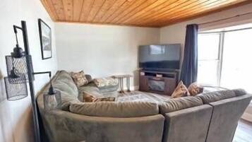 Smart-tv, een open haard, een dvd-speler en een stereo