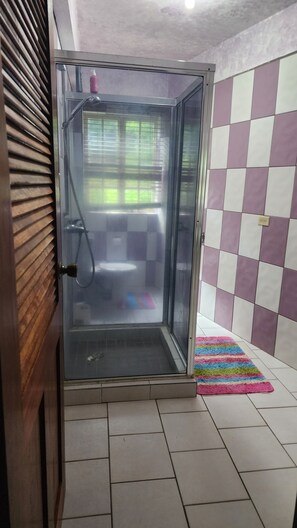 Douche, serviettes fournies, savon, shampoing