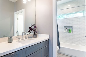 Shower, eco-friendly toiletries, hair dryer, towels