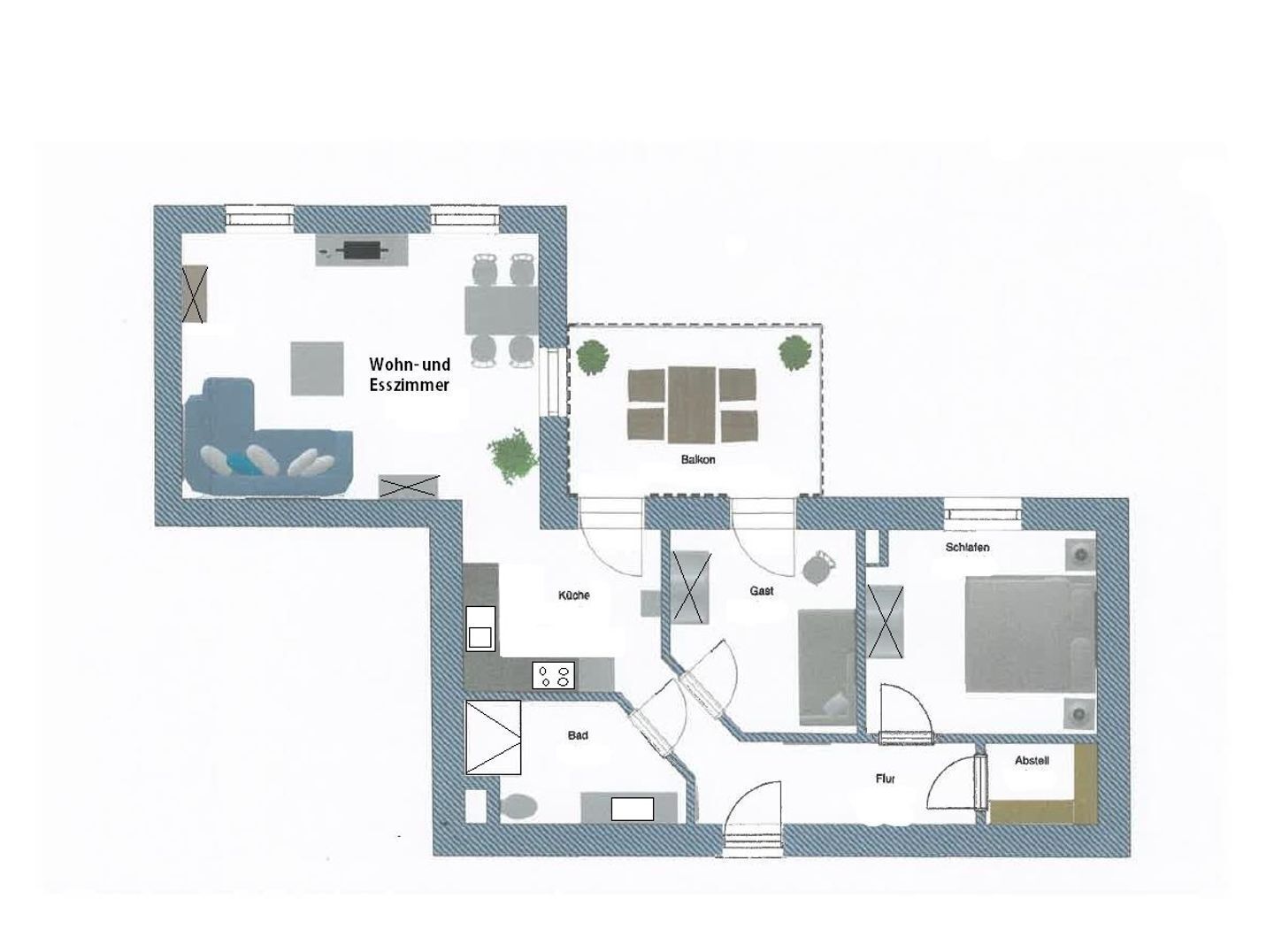 Un plan d’étage d’une maison comprenant un salon, une cuisine, un balcon, une salle de bain et un petit jardin.
