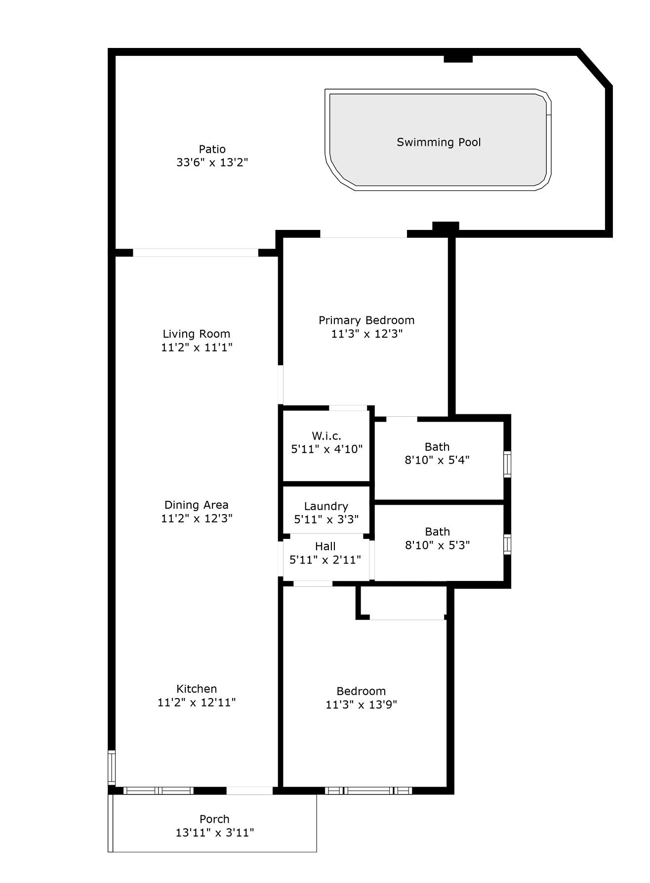 Ein Grundriss eines Hauses mit Schwimmbad, Wohnzimmer, Essbereich, Küche, Schlafzimmer, Bad, Waschküche und Flur.