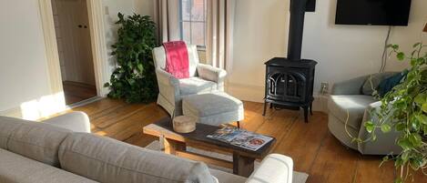 Smart-tv, eldstad och böcker