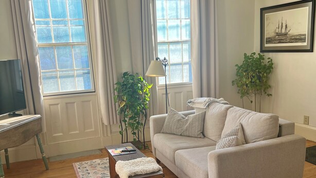 A living room with a sofa, a coffee table, a TV, and two windows with curtains. - Belfast Beauty - Downtown Belfast (Belfast)