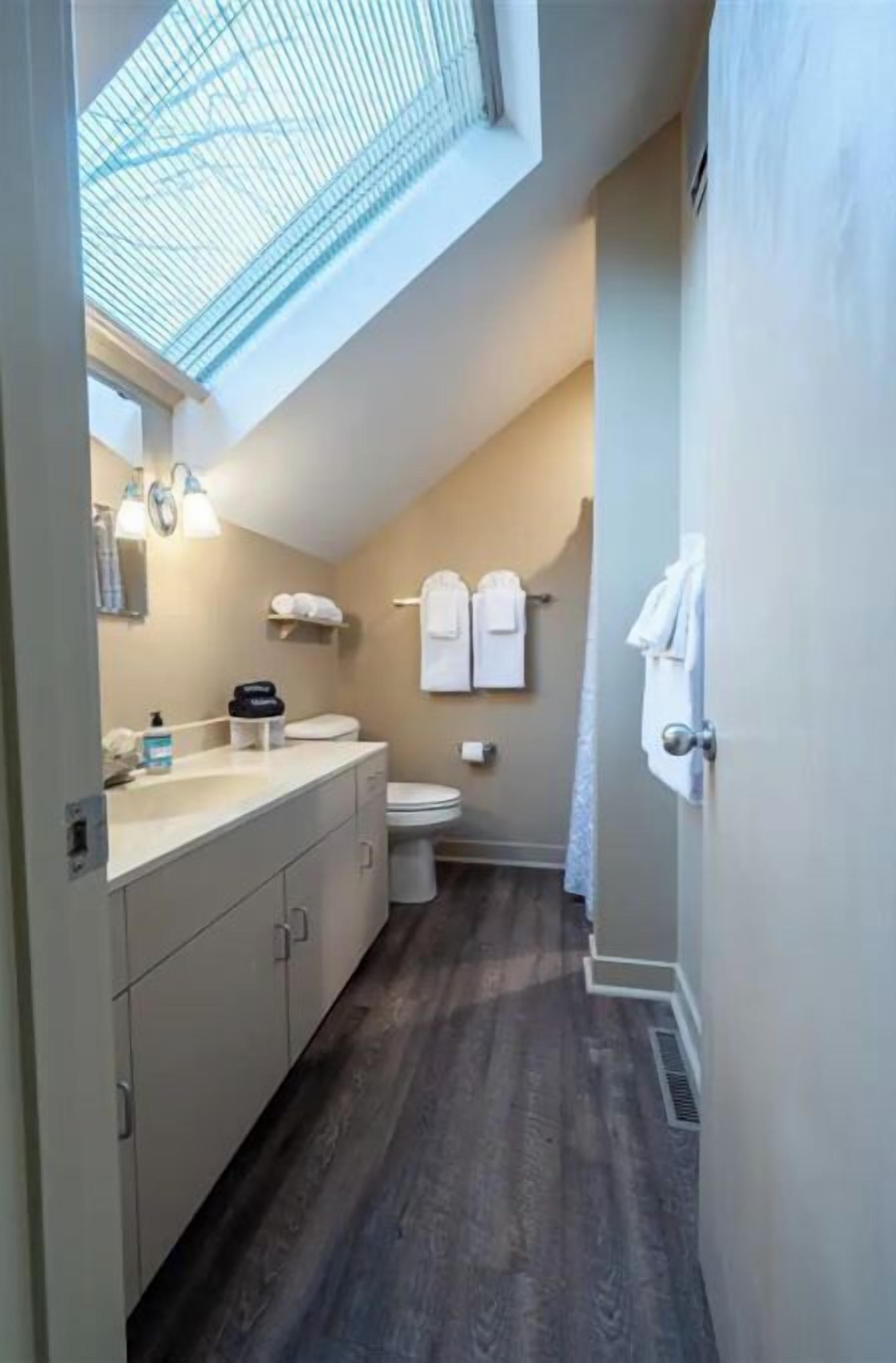 A narrow bathroom with a skylight, a toilet, a sink with a mirror, and a towel rack.