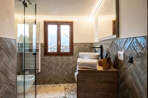 Regadera, secadora de cabello, bidet, toallas 