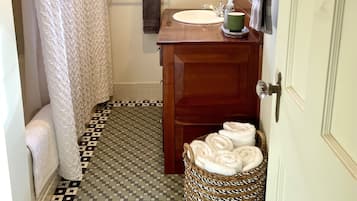 Hair dryer, towels, soap, shampoo