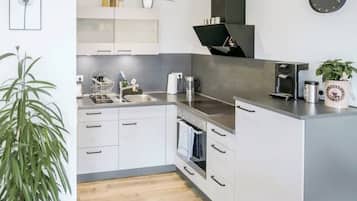 Fridge, oven, stovetop, coffee/tea maker