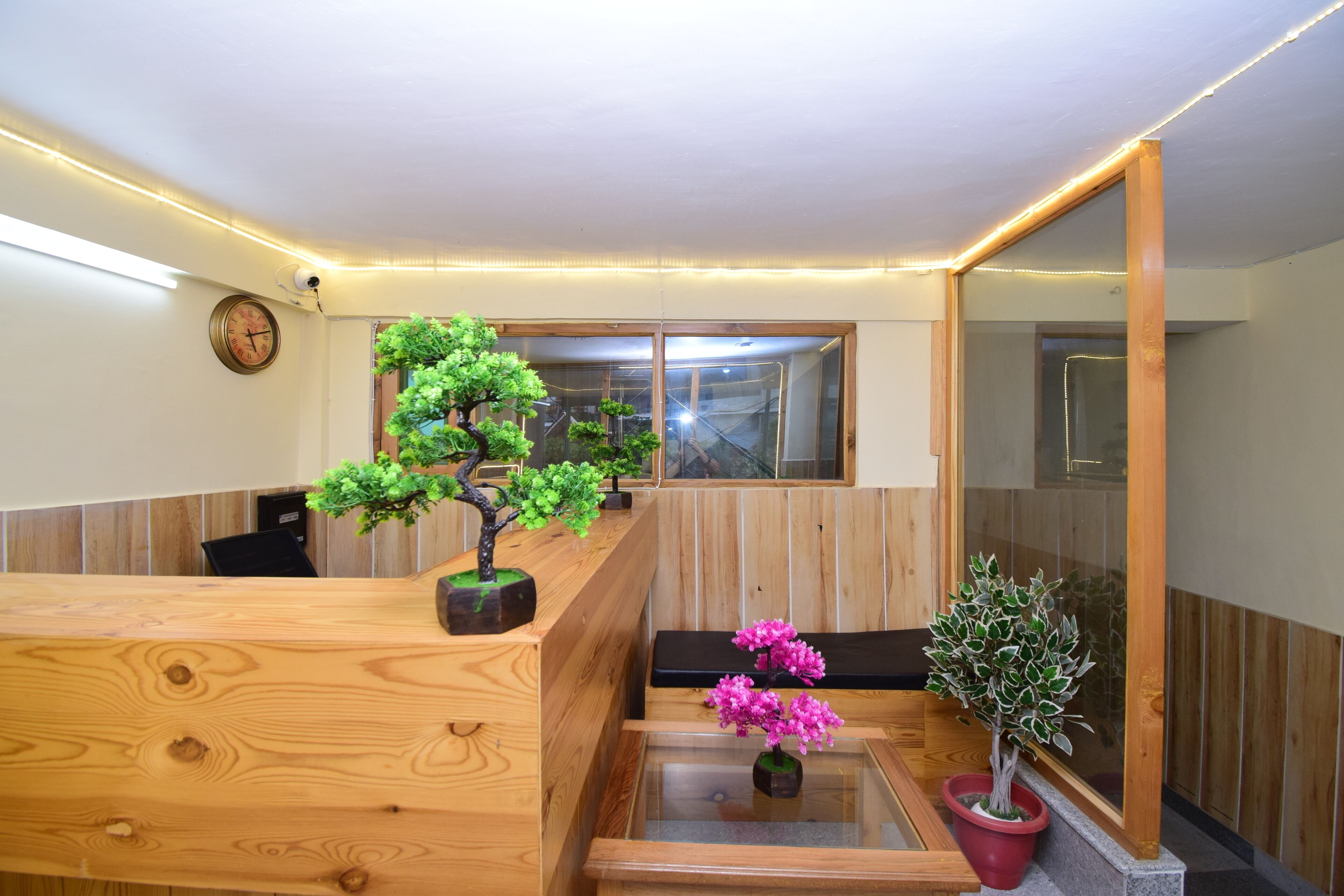 A reception area with a wooden reception desk, a clock, and potted plants.