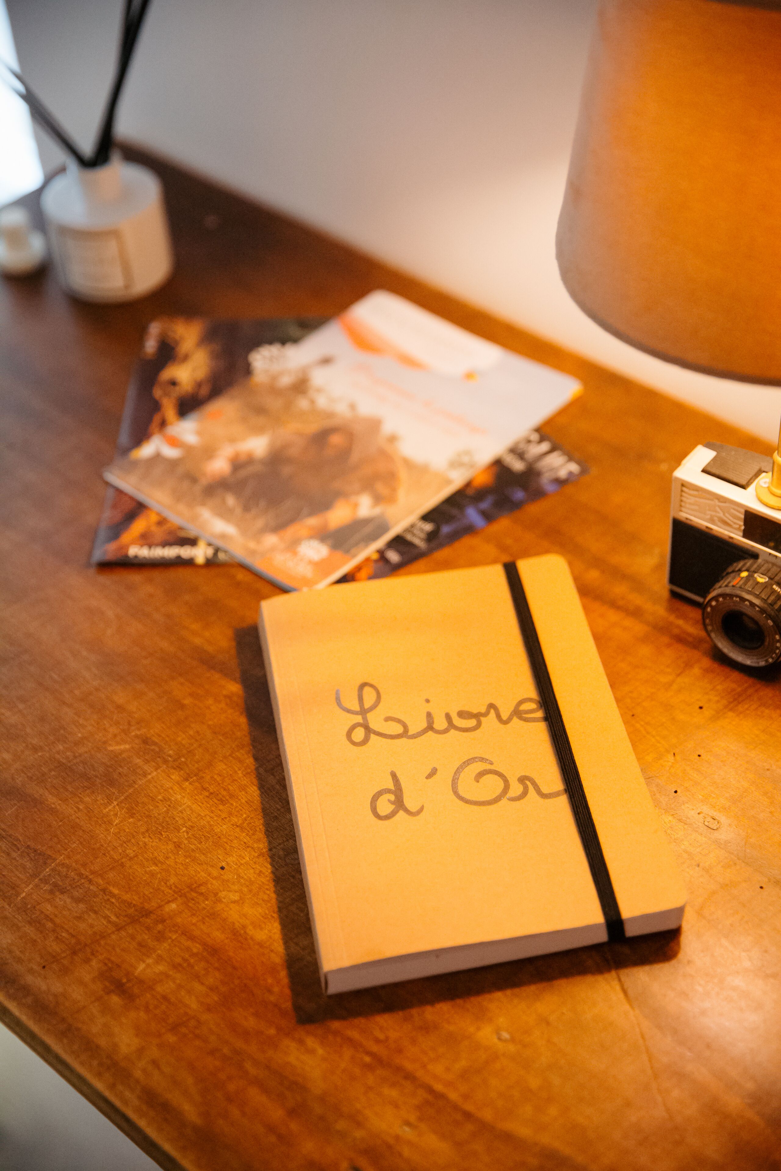 A notebook with handwritten text on a wooden table, accompanied by a camera and some books.