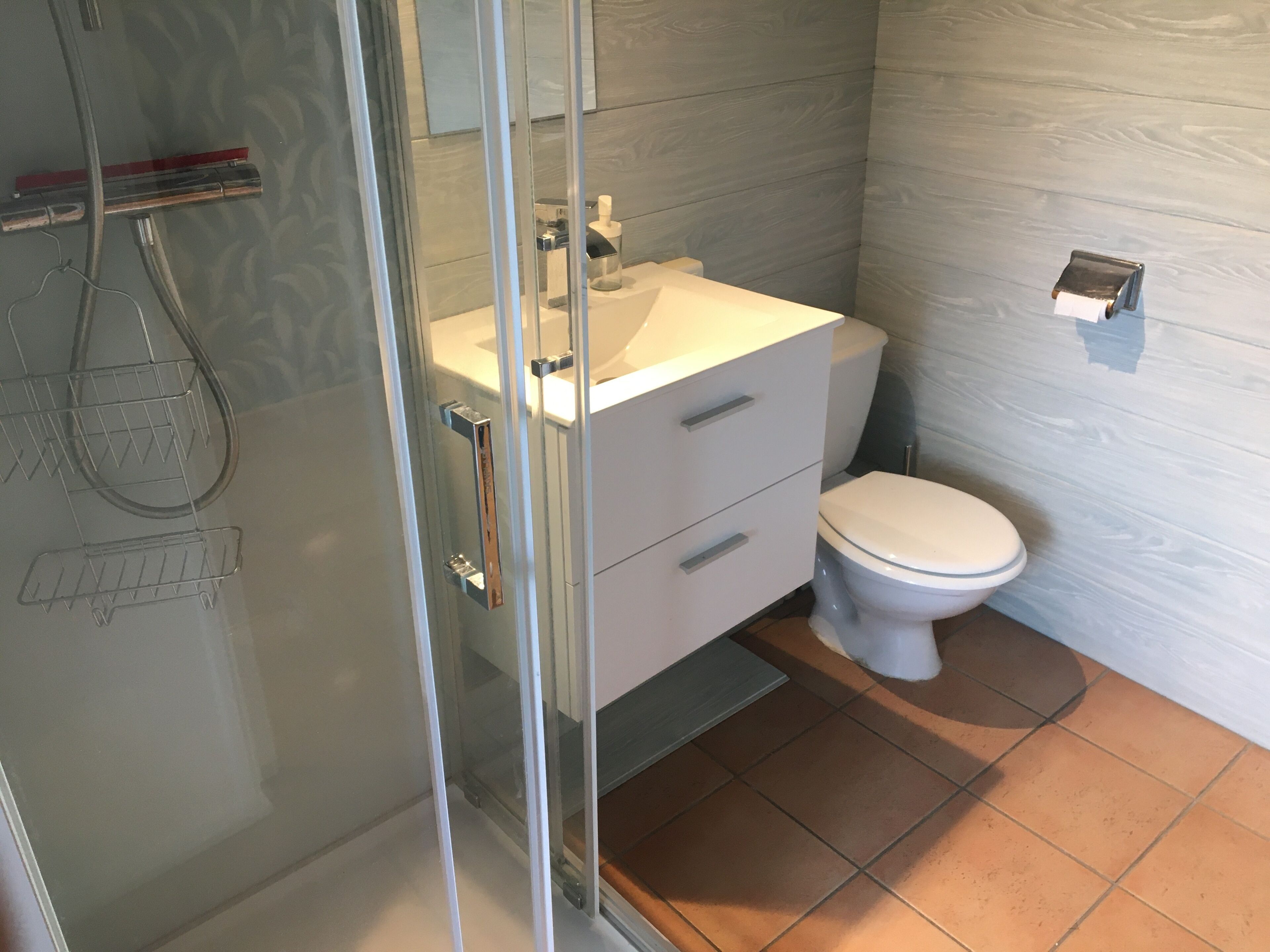 A bathroom with a glass shower enclosure, a white sink with a mirror, and a toilet.