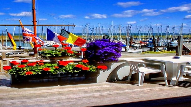 Un puerto deportivo con varias embarcaciones amarradas, una terraza de madera y una zona de estar con sillas y mesas.
