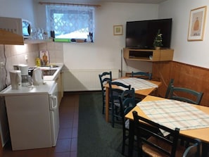 Fridge, microwave, toaster, cookware/dishes/utensils