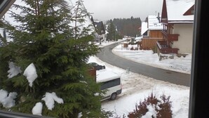 Een besneeuwde woonwijk met huizen, een weg en een witte bestelwagen langs de stoep.