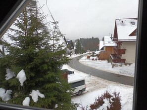 A snowy residential area with houses, a road, and a white van parked by the curb.